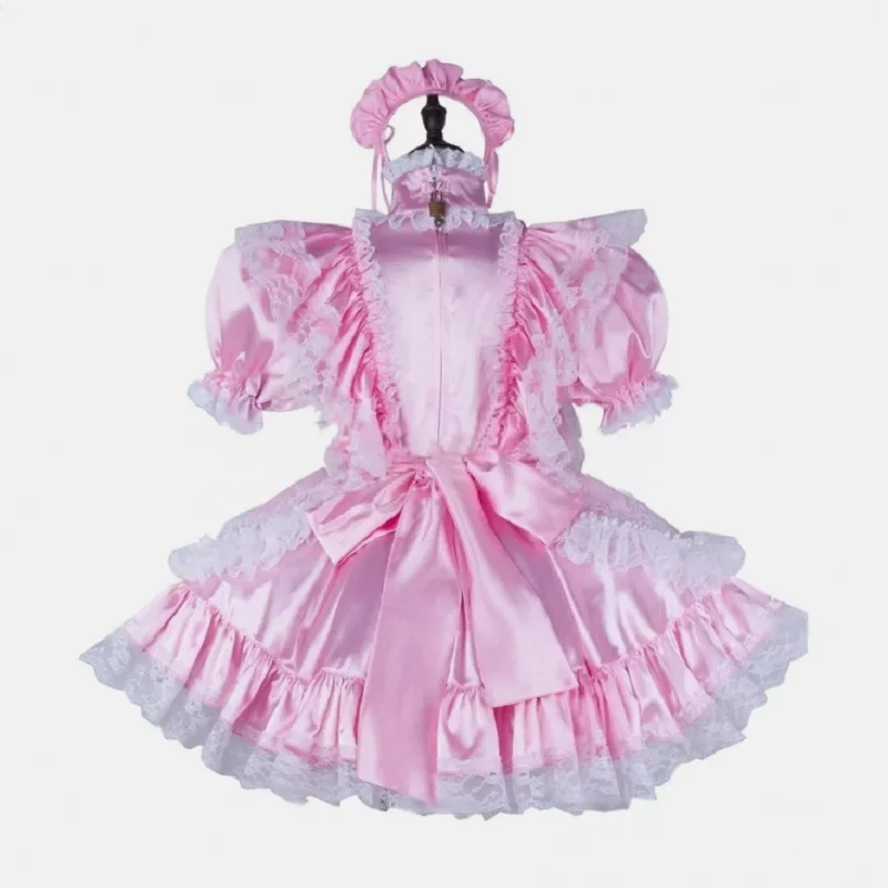 French Maid Girl Sissy Abschließbares rosa Satinkleid Cosplay-Kostüme Maßgeschneidert