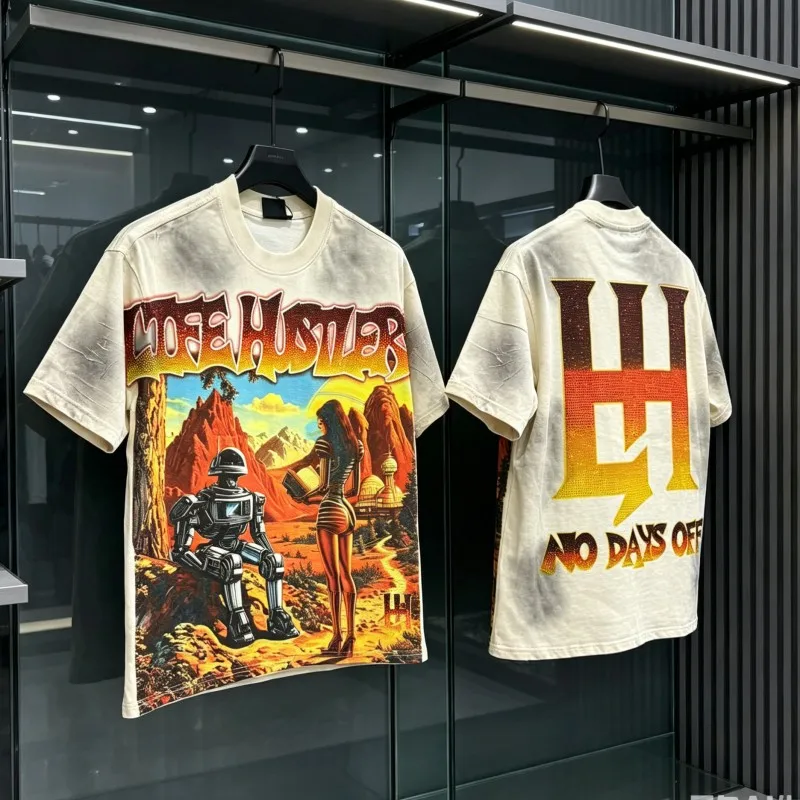 Heavy Duty Vintage Distressed Washed Worn Life Hustlers Tshirts Mountain Robot Academy Rhinestone Letter Short Sleeve Men Women
