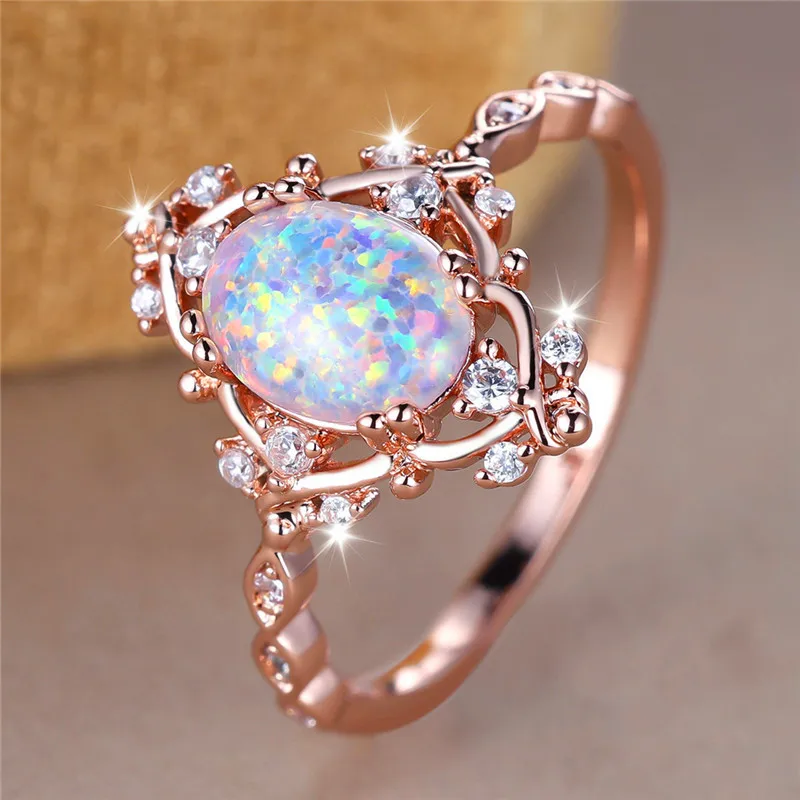 Luxury Female White Fire Opal Stone Engagement Ring Trendy Rose Gold Color Bride Wedding Jewelry Gift For Women