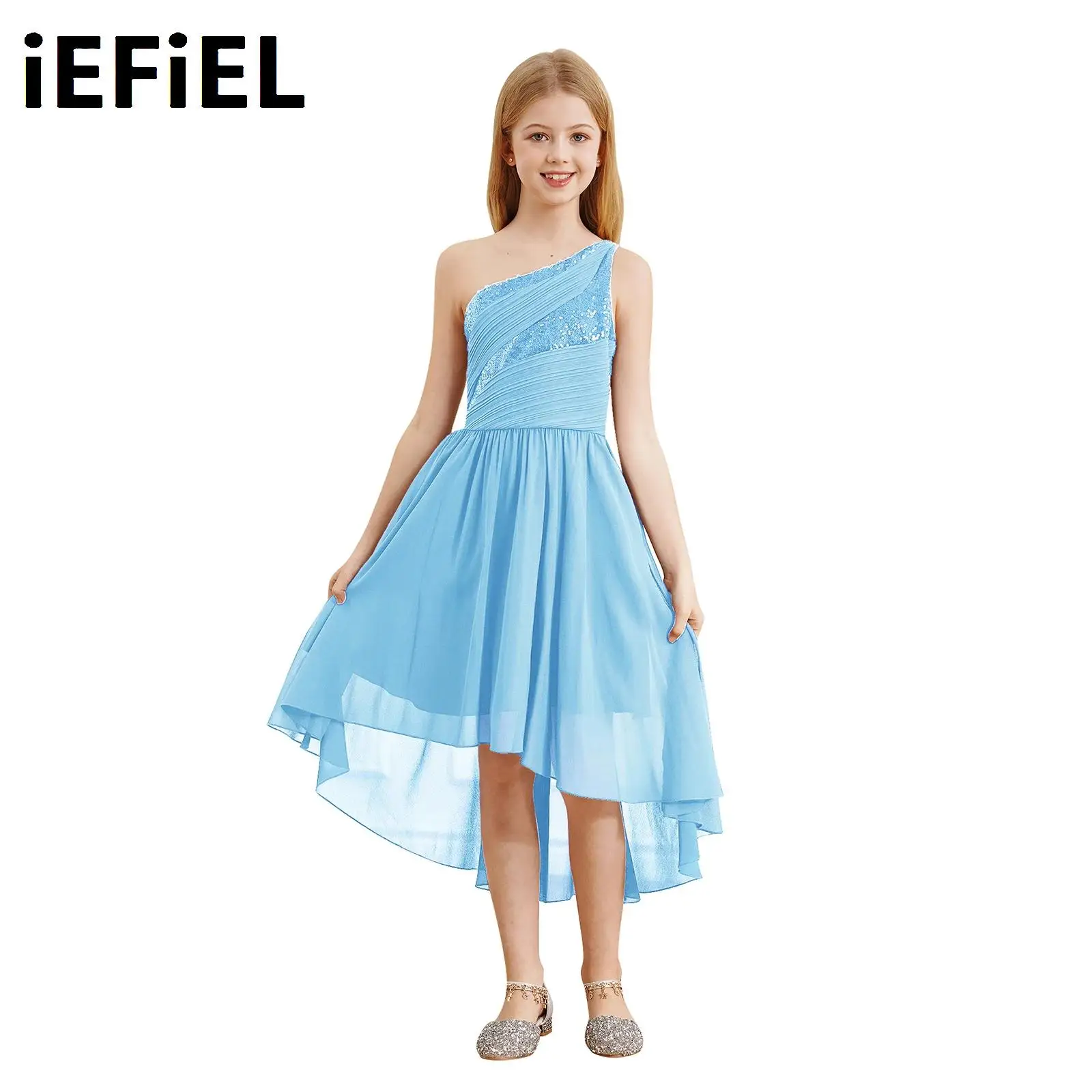 

Sequin Chiffon Party Gown for Kids Girls One Shoulder Ruched Bodice High-Low Hem Back Cutout Dress Wedding Flower Girl Dress