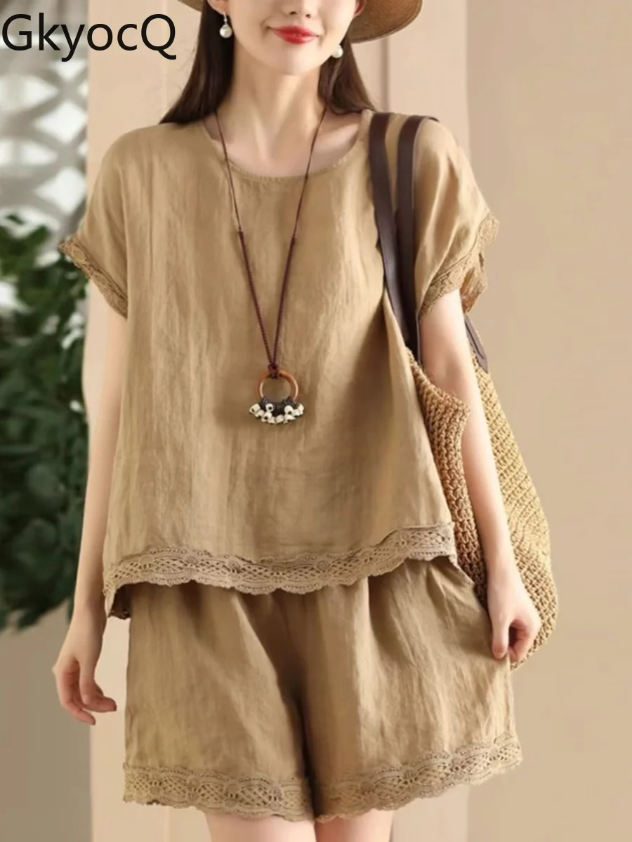 

Women's Premium Linen Casual Set Summer 2024 Fashion Loose T-Shirt & Wide Leg Shorts Solid Color Outfit 2 Piece