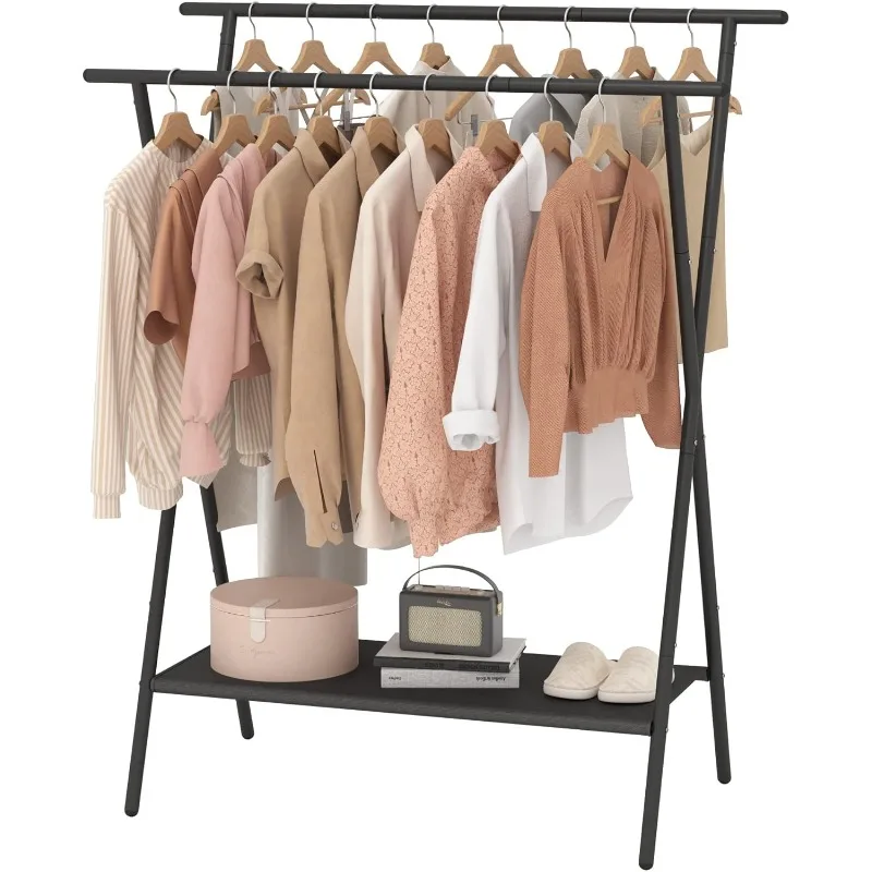 

Double Rods Clothing Racks for Hanging Clothes,Portable Clothing Hanging Garment Rack with Bottom Oxford Cloth Shelves