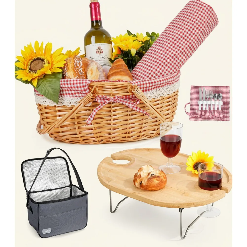 

2-Person Picnic Basket Set with Folding Table, Insulated Cooler & Waterproof Blanket - Perfect for Beach Dates & Outdoor Gifts