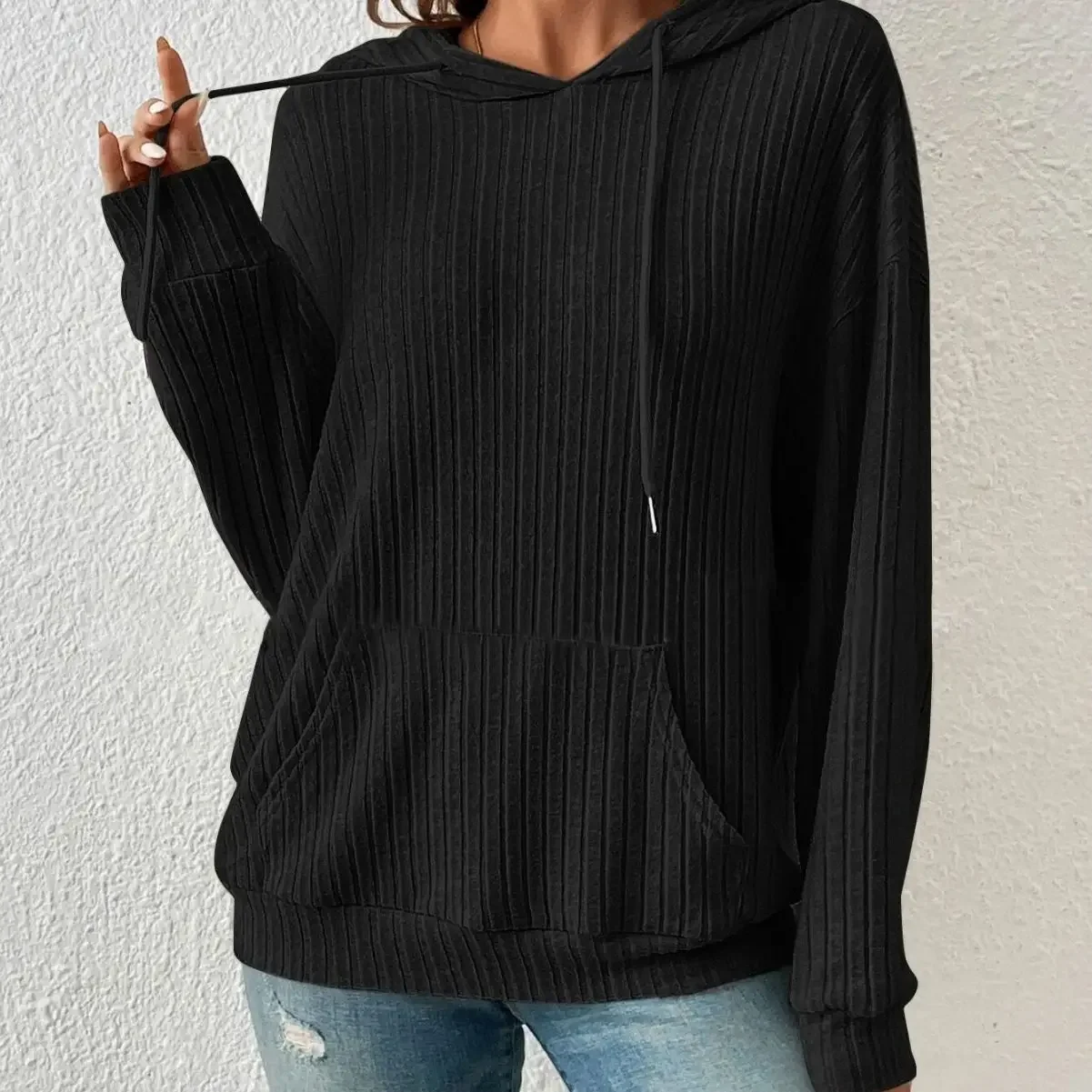 Sweatshirt Women Long Sleeve Solid Color Knitted Sweater Hooded Pit Strip Kangaroo Pocket Hoodies Pockets Hooded Pullovers