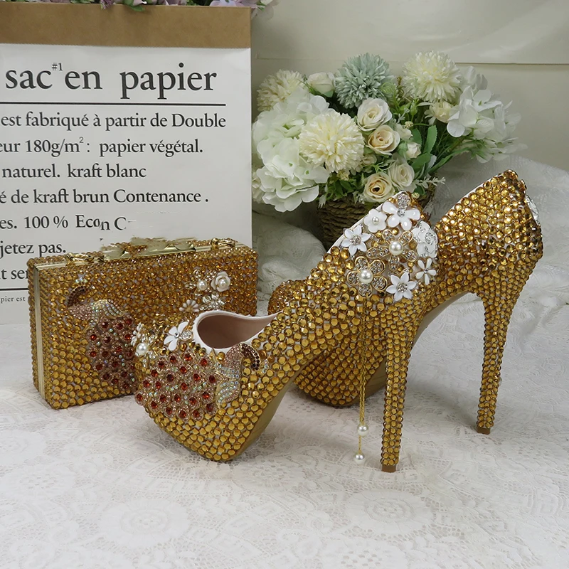 

BaoYaFang Golden Party Dress Shoe with matching bag crystal Wedding shoes Bride women's High heel platform shoe High Pumps purse