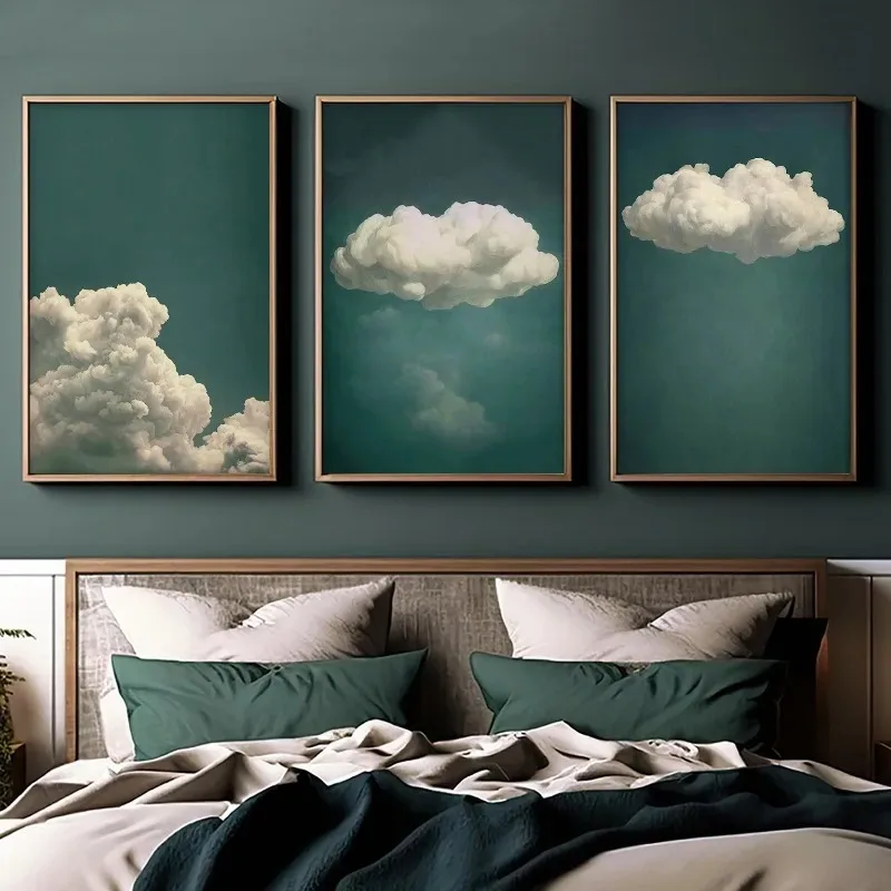 Emerald Green Cloud Posters and Prints Moody Vintage Cloud  Canvas Painting Wall Art Picture for Living Room Home Decoration