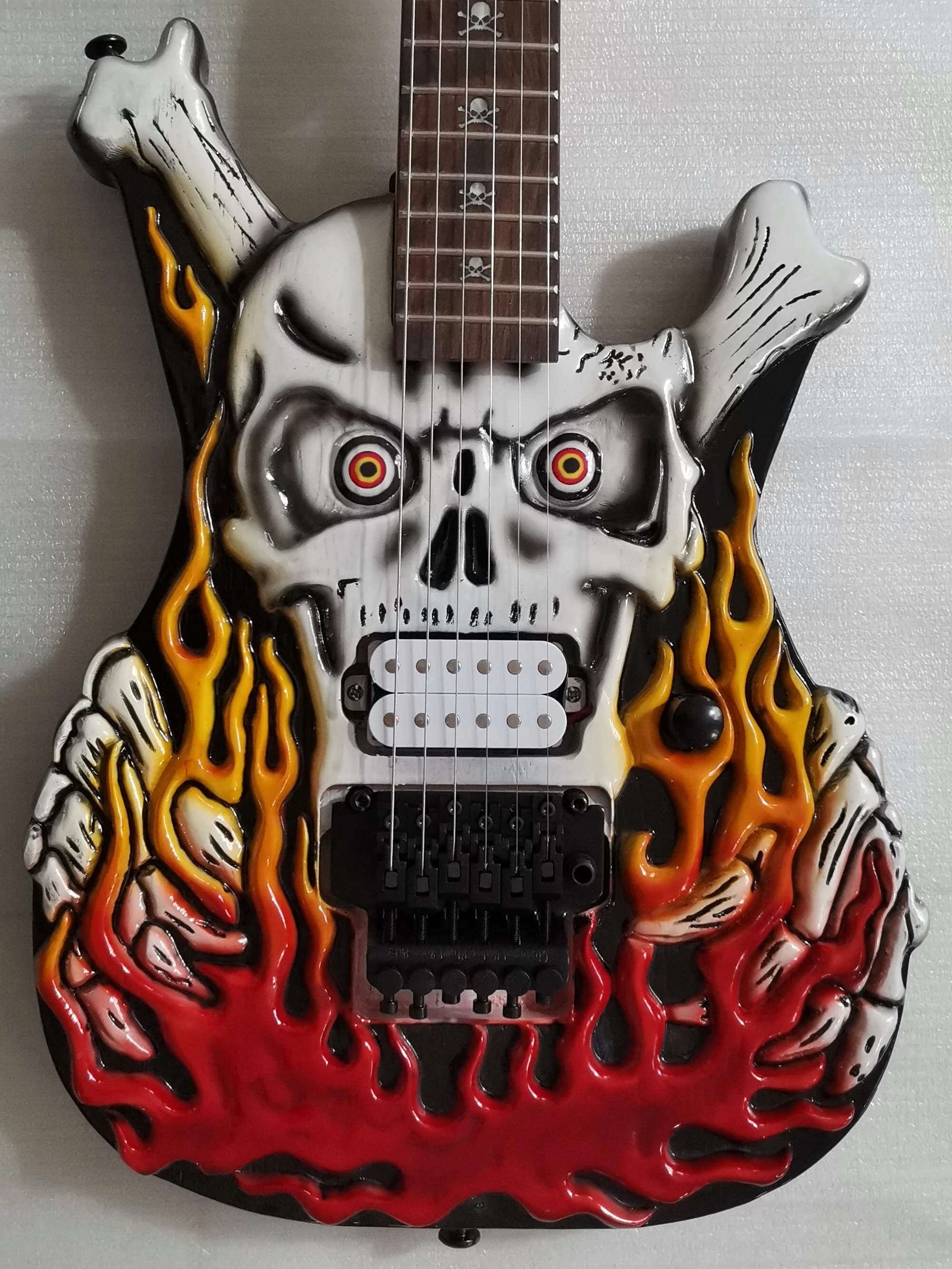 Hand Made Carved Flame Skeleton 6 String Electric Guitar Skull Inlay Imported Hardware