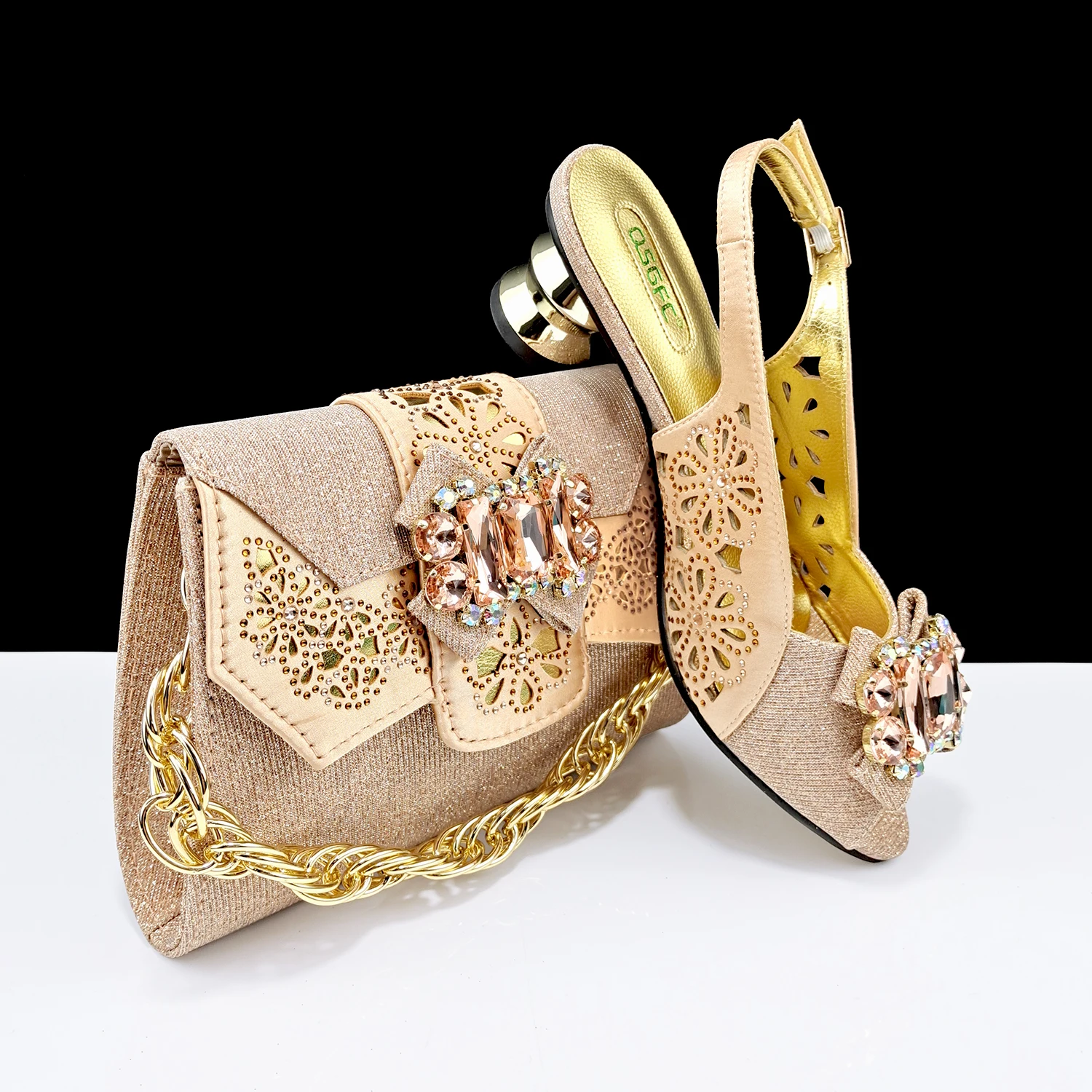 

Hot Selling Metal and Rhinestone Decoration Design Peep Toe High Heel Lady Shoes and Bag Set in Peach Color for Party Wedding