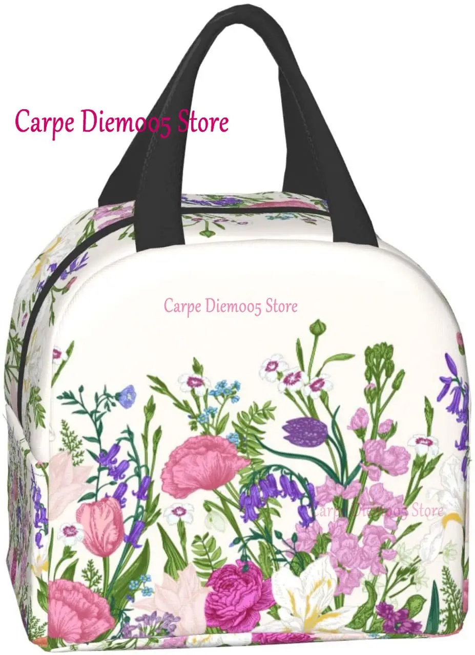 floral Lunch Box Travel Bag Reusable Insulated Cooler Lunch Bags Womens Mens Cute Picnic Tote Bag