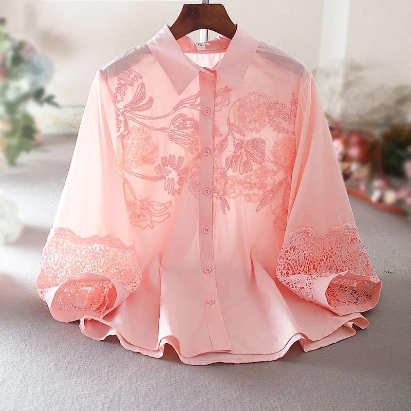 

Women's Loose Textured Shirt OL Style Lapel Hollow-Out Light Luxury Heavy Embroidery Design Sense Casual Fashion Top