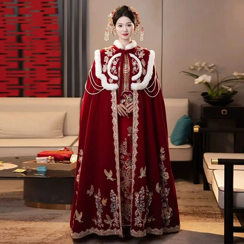 2026 جديد عباءة الزفاف الزفاف الصيني فينيكس تاج الفحم الشتاء سميكة المرأة عباءة جميلة كيب الشمبانيا Xiuhe عباءة #1