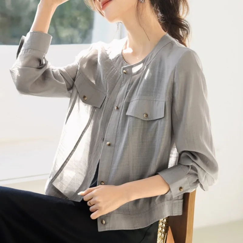 Women Round Neck Cargo Sun Protection Jacket Loose Thin Breathable Casual Long Sleeve Cardigan Coat