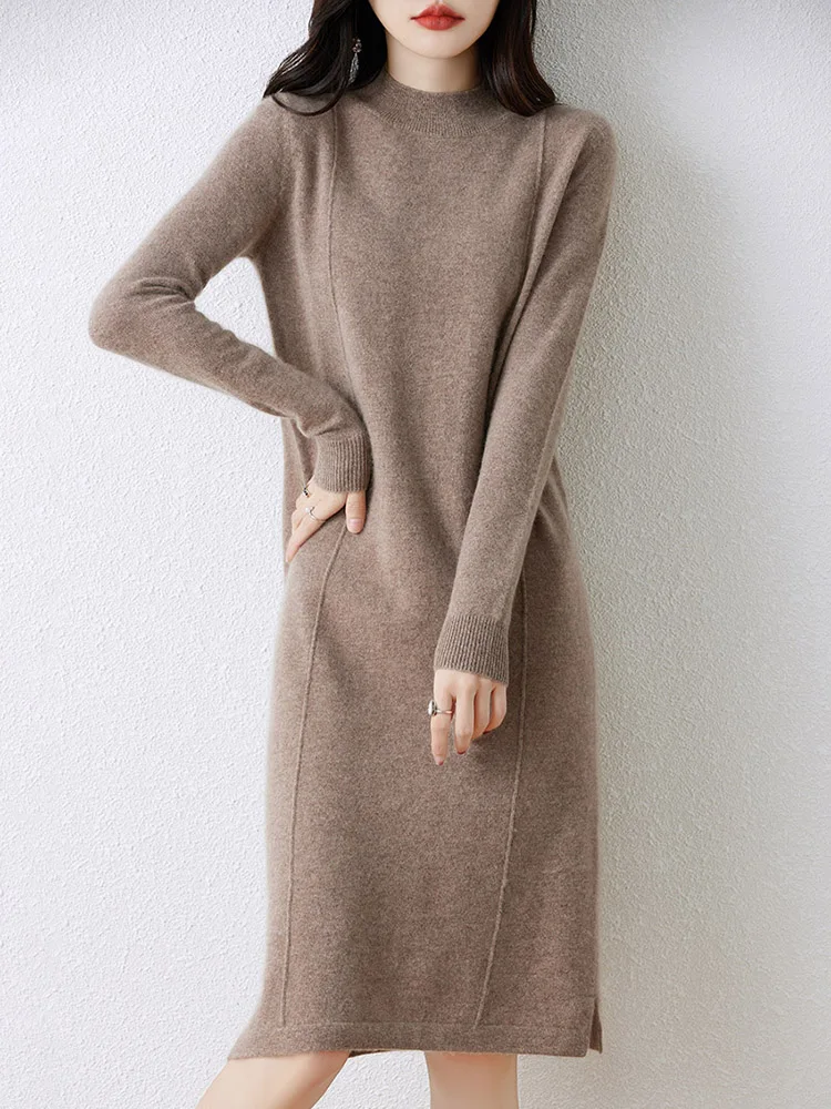 Women\'s Cashmere Sweater Dress, 100 Pure Wool, Long, Semi-Turtle Neck, Skirt, Loose, Autumn, Winter