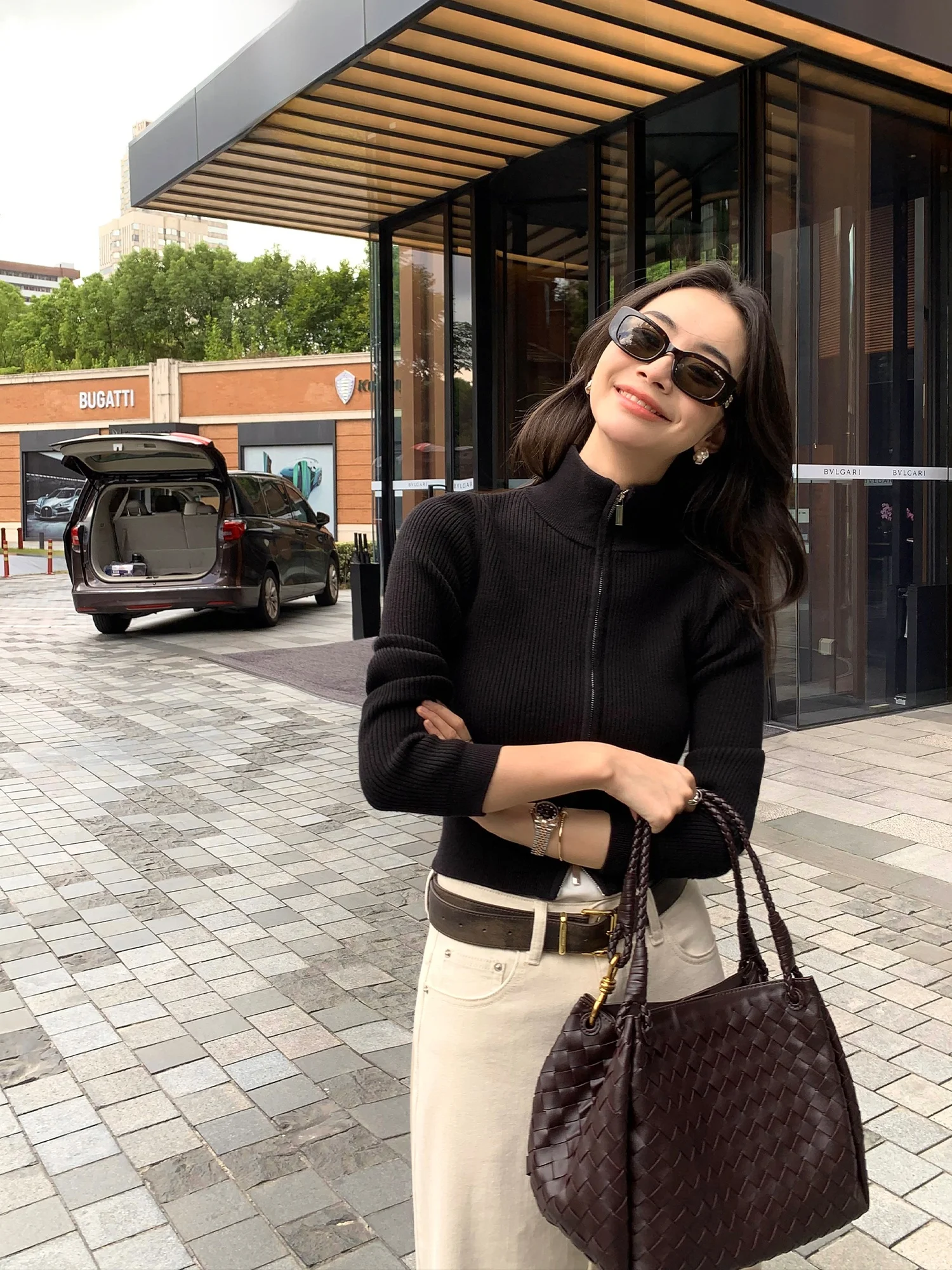 Pusumede Holiday Style High Collar Double Zipper Knitted Cardigan Women's Short Sweater Jacket Top Autumn Winter Fashion