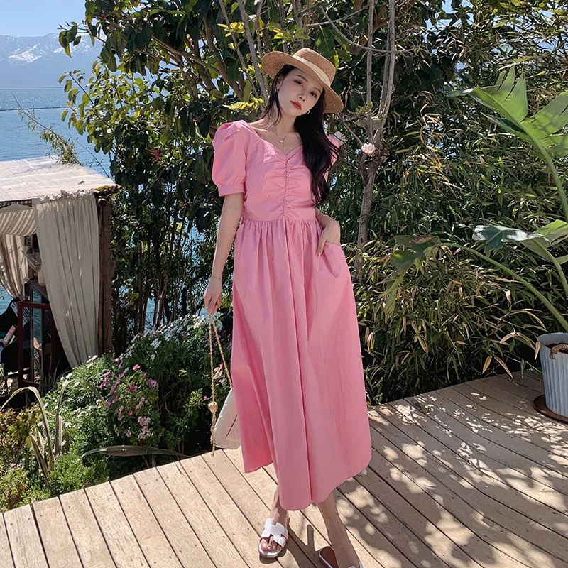 2022 Summer Elegant Vintage Pink Dress Puff Short Sleeve Folds High Waist Party Dresses For Women Female Clothing Plus Size 4XL