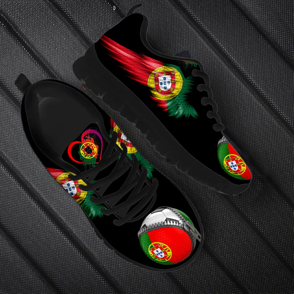 INSTANTARTS Portugal Flag Football Print Flats Women Running Jogging Sport Shoes Casual Mesh Lace Up Ladies Sneakers Zapatillas