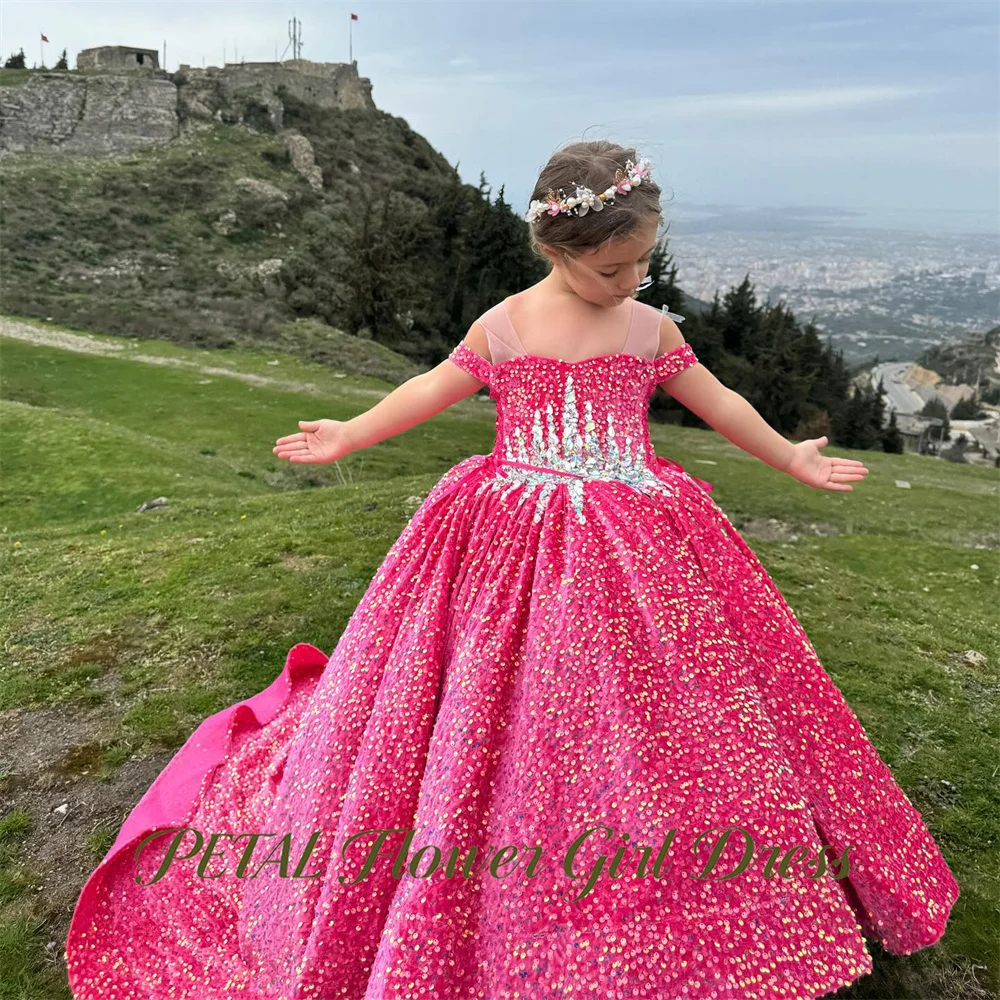 Petal Fuchsia Kids Birthday Wedding Dress with Sequins Off the Shoulder First Communion Gown Rhinestone Girls Princess Dress