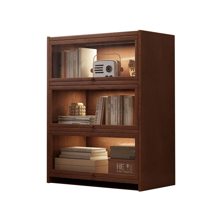 

American retro floor-to-ceiling bookcase solid wood living room storage display integrated against the wall