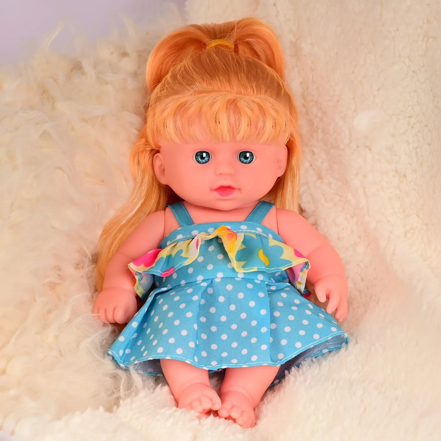 Golden Haired Princess Doll | Polka Dot Skirt & Flower Top | Soft Rubber Skin-Friendly Baby Doll for Family Play & Role-Play (Ch