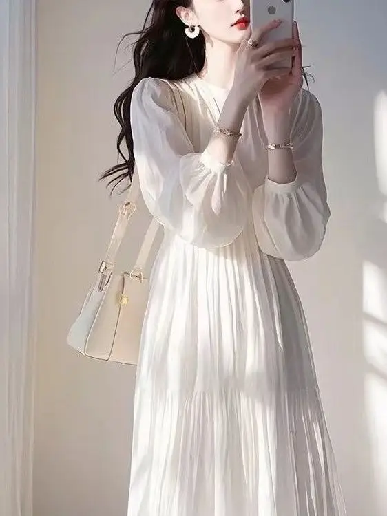 

Синяя шифоновая длинная юбка А-силуэта с завышенной талией, корейский стиль, для офиса, весна-лето 2025, полиэстер