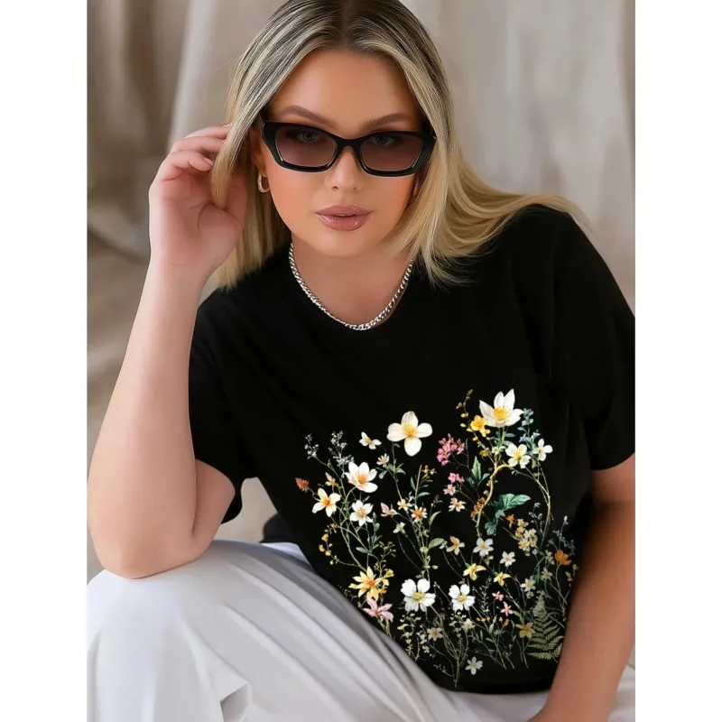 T-Shirts für Damen mit schönem Blumendruck, Sommer-T-Shirts aus reiner Baumwolle, lockeres und schlankmachendes Design, Damenbekleidung, tägliches Heim-Training-Oberteil