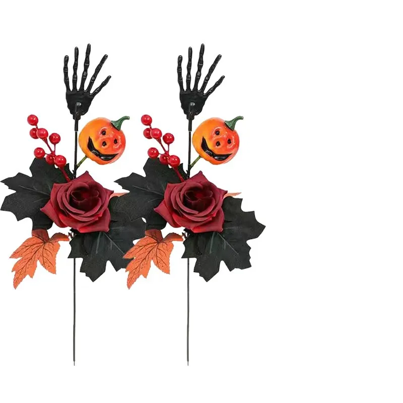 Yannew 8pcs Halloween Black Maple Leaves Rose Branches Stems with Pumpkin Skeleton Berry for Haunted House Gothic Floral Decor - view 5