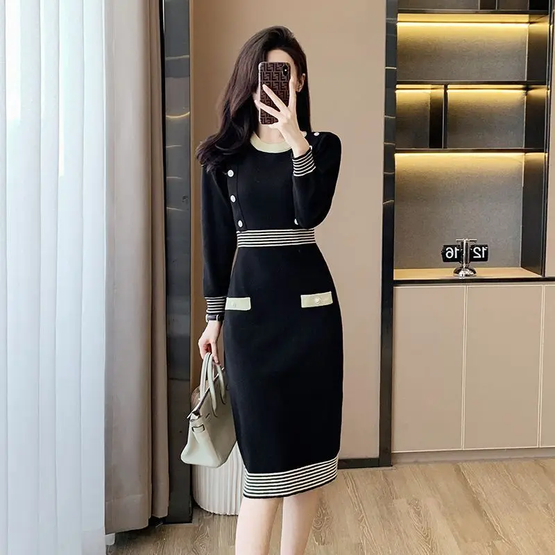 2023 Fashion Women Knitted Dress Autumn Winter New Long-sleeved O-Neck Knee-High A-Line Temperament Office Lady Sweater Dress