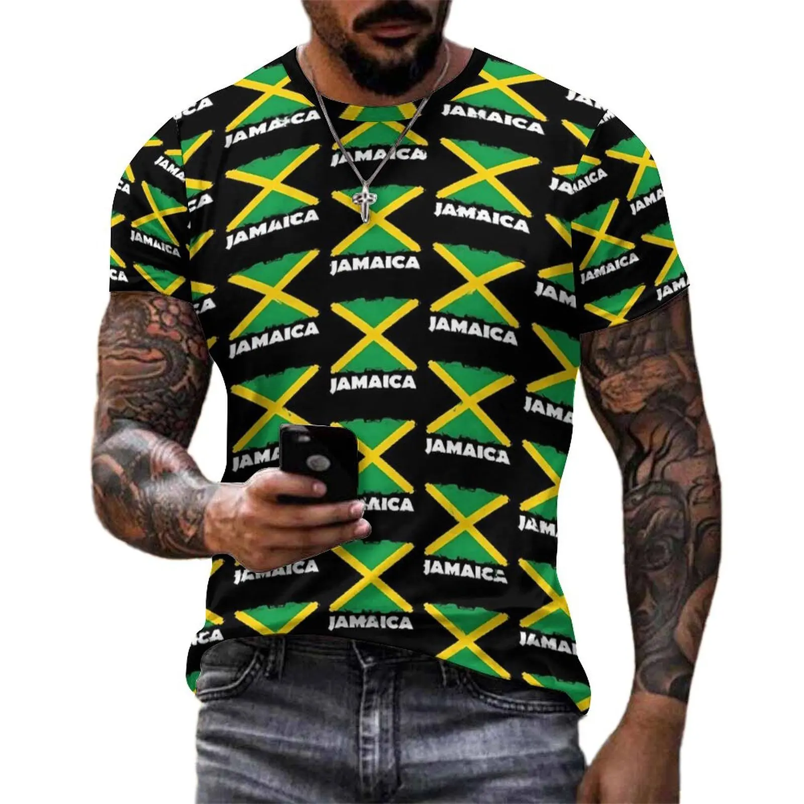 Male Jamaica Flag Print T-Shirt National Day Trending T Shirts Short Sleeve Graphic Tops Summer Street Style Big Size Tees