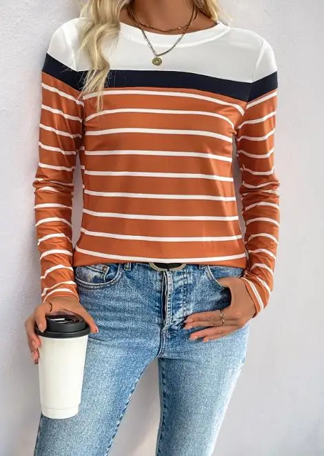 

Autumn Commuting Casual Simple Style Round Neck Striped Long Sleeved Top for Women's Casual Slim Fit Long Sleeved T-Shirt Top