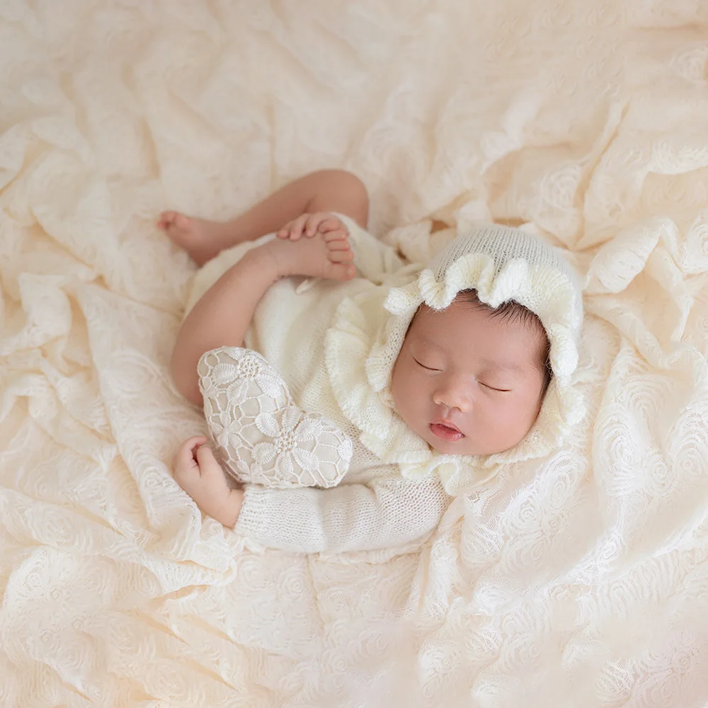 Body de malha de manga comprida para bebê, conjunto de chapéu enrolado de crochê, roupa para fotografia de recém-nascido, flor, fundo de renda, cobertor, adereços de estúdio