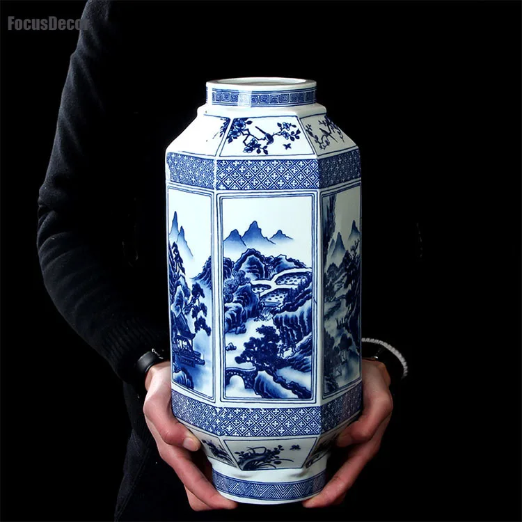 

Lantern Shape Ceramic Vase Decorative New Chinese Style Modern Living Room Blue and White Ceramic Hexagonal Vase Bottle Pottery