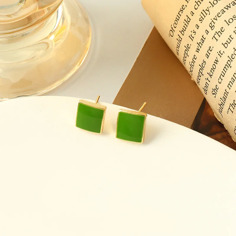 Retro Green Color Square Stud Earring for Women Korean Geometry Enamel Glaze Temperament Jewelry Christmas Girlfriend Gift