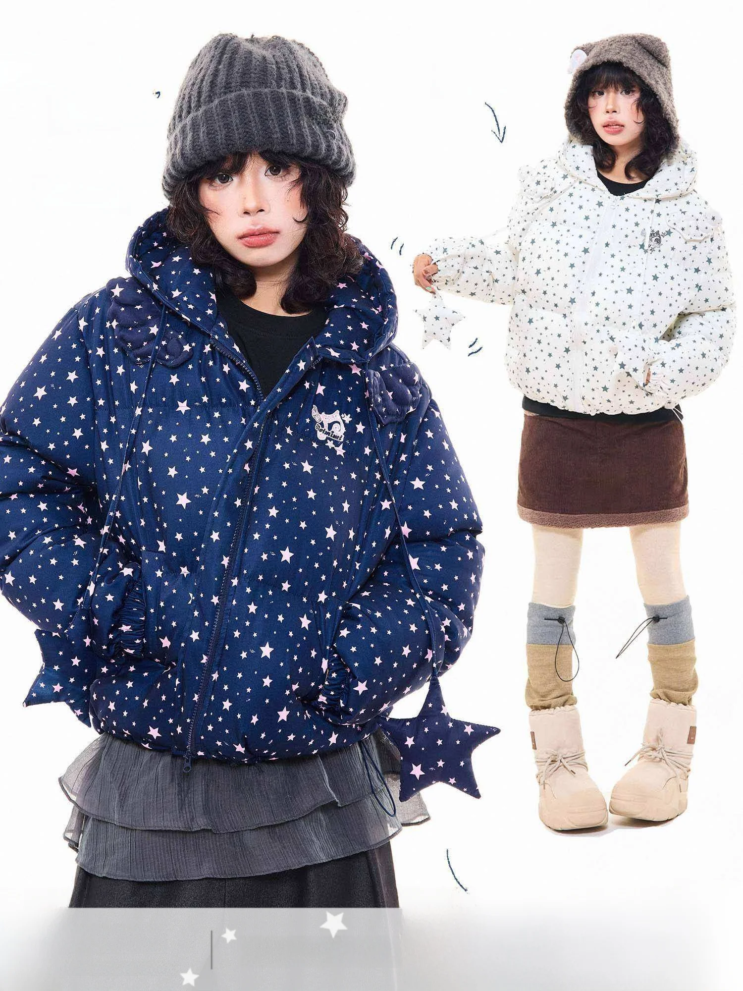 

MKGO American Sle Star Print Wings Hooded Cotton Jaet Women's Winter Loose Thiened Bread Coat Outerwear