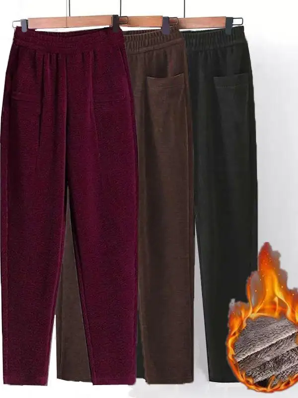 

Корейские женские повседневные брюки Thiened Fce на подкладке Harlan, свободные осенне-зимние теплые брюки с высокой талией, эластичные