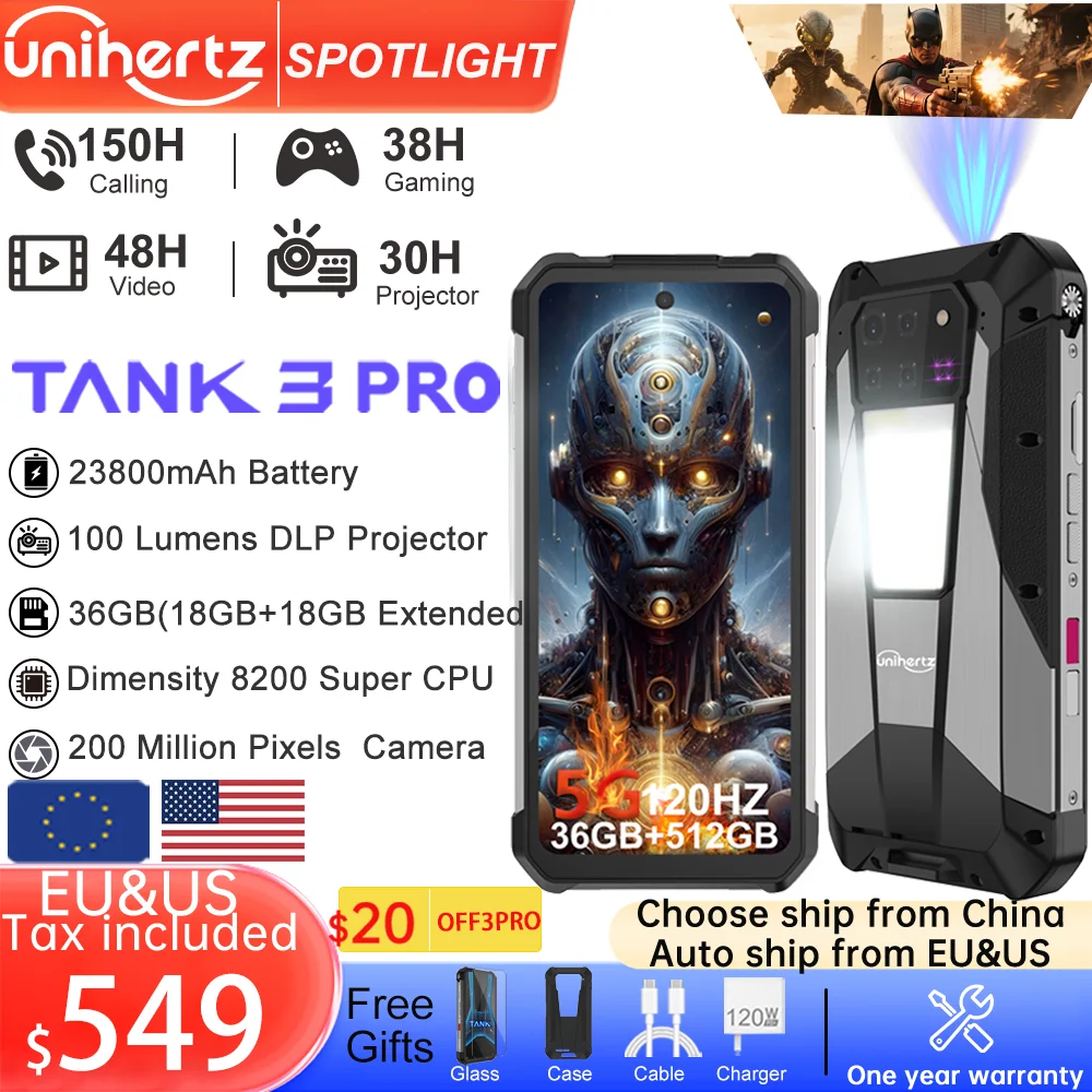 

Unihertz Tank 3 Pro 8849 Smartphone with 100 Lumens 120Hz Projector 32GB+512GB 5G Phone 23800mAh 120W Fast Charger 200MP Camera