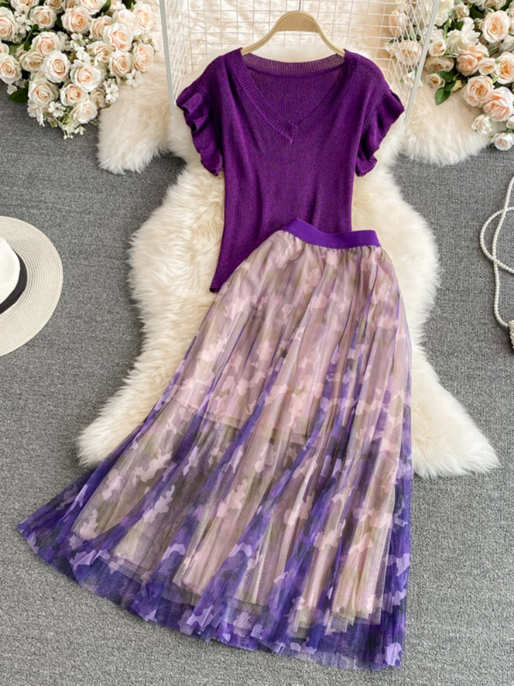 Summer Purple Vintage Knitted Two Piece Sets Women Sexy V-neck Knitted Top High Waist Mesh Pleated Long Skirts Elegant Suits