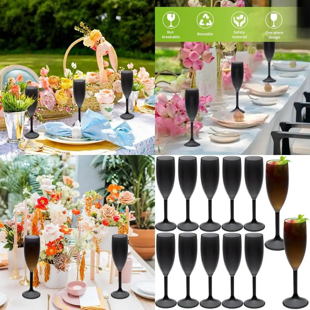 

Set of 12 Clear Black Plastic Champagne Flutes, 5.4oz Stemmed Cups for Weddings, Parties, and Celebrations