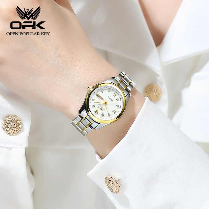 OPK 8103 Elegant Women\'s Watch Luxury Brand Stainless Steel Waterproof Watch Double Calendar Diamond Business Women Quartz Watch