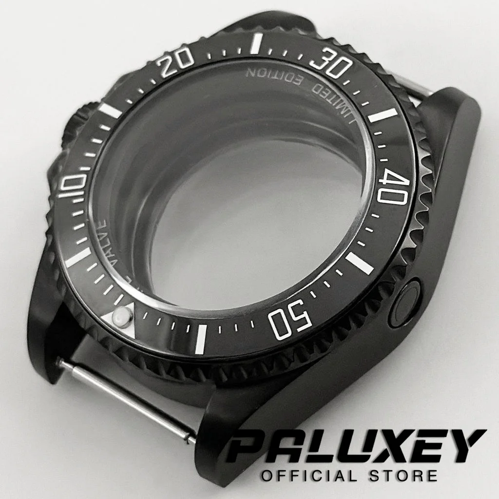 44mm Black SEA Homage Big Sapphire Crystal Watch Case Black Ceramic Bezel Fit NH35 NH36 4R35 4R36 NH34 NH38 NH39 NH70 Movement