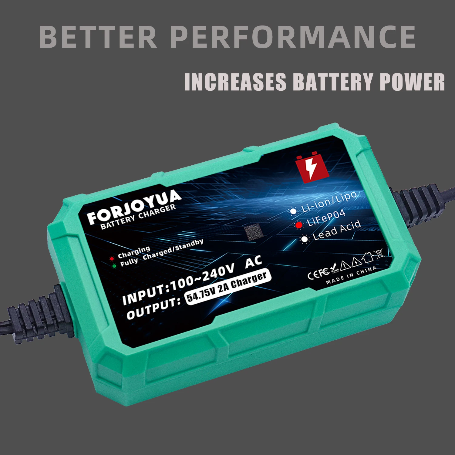 QDD 54.75V 2A LiFePO4 Battery Charger is Suitable for 15S 48V Batteries LiFePO4 Battery Charger with 3P-XLR Connectors