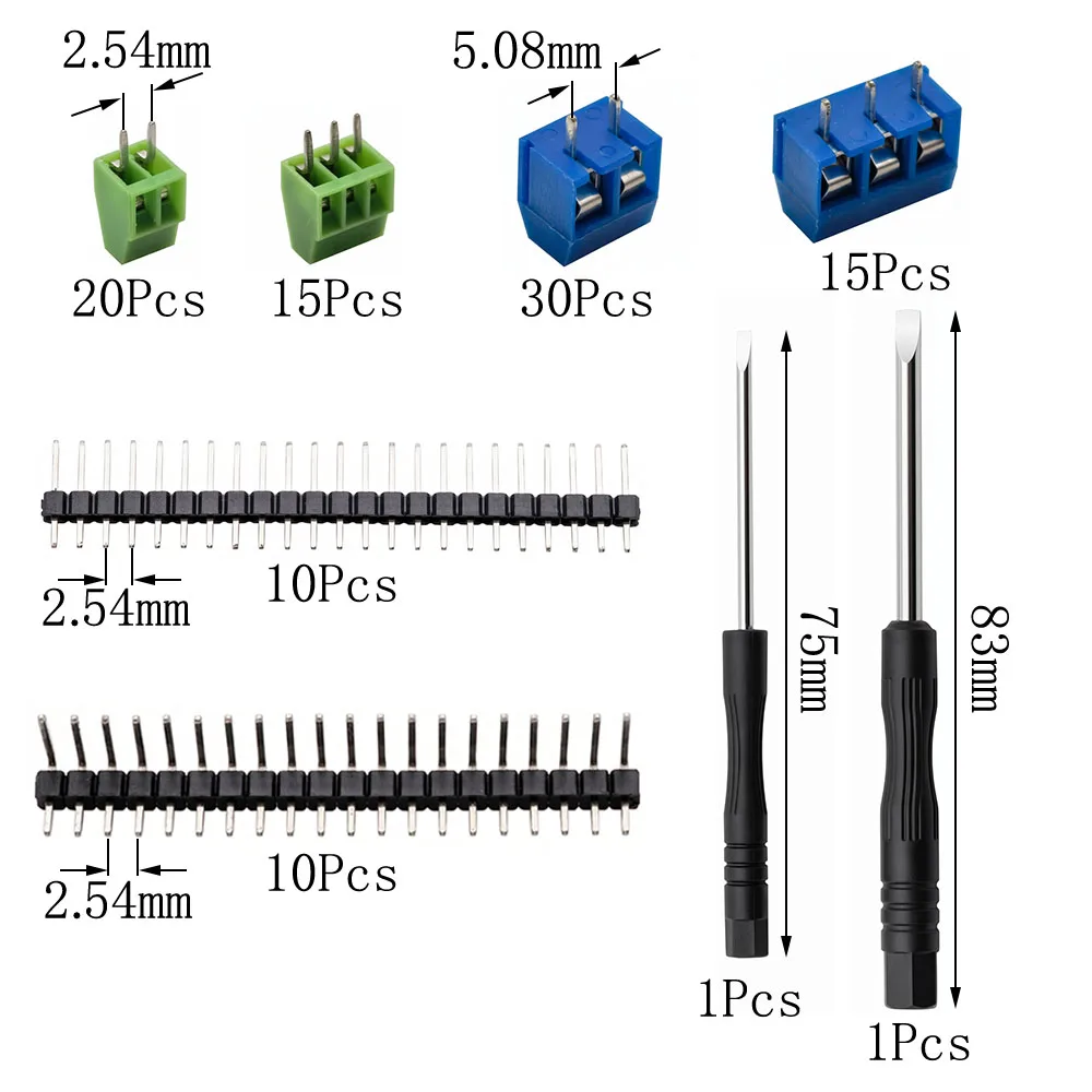 1Box PCB Screw Terminal Block 2.54mm 5.08mm 2P 3Pin Connector Kit 20-Pin 2.54mm Pitch Single Row Male Pin Header and Screwdriver