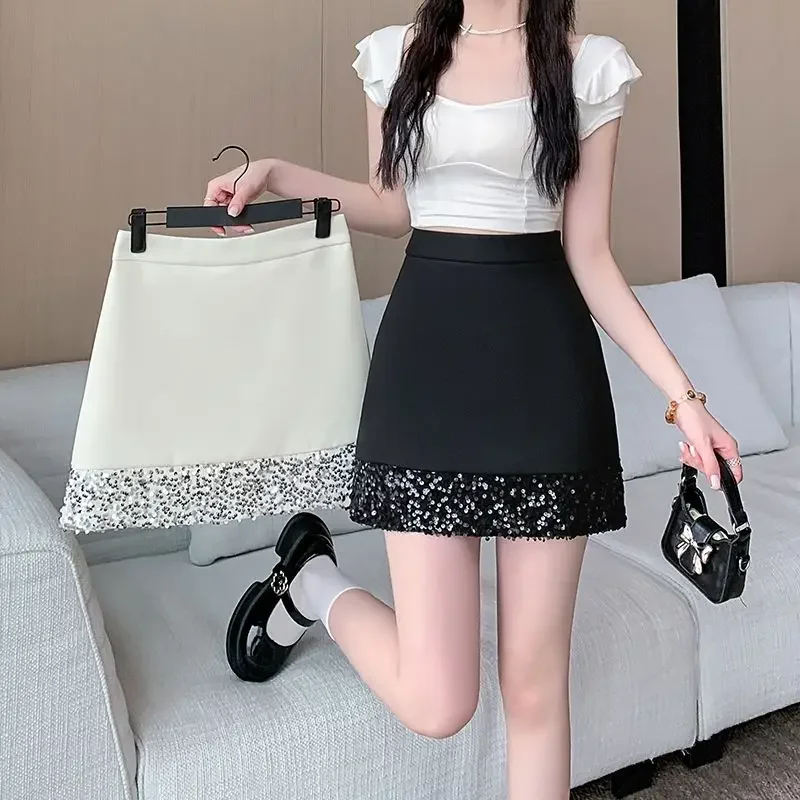 Obcisłe spódniczki damskie z wysokim stanem, czarne, patchworkowe, cekinowe, kopertowe, w stylu koreańskim, modna odzież uliczna, lato 2025, tanie spódniczki damskie.