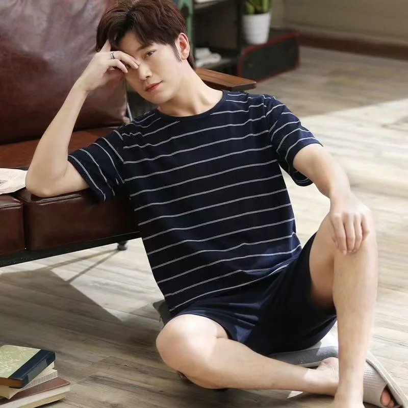 Men's Spring/Summer Short-Sleeve Pajamas, Shorts, Striped Pajamas for Teens and Students, Summer Loungewear, Plus-Size Sets