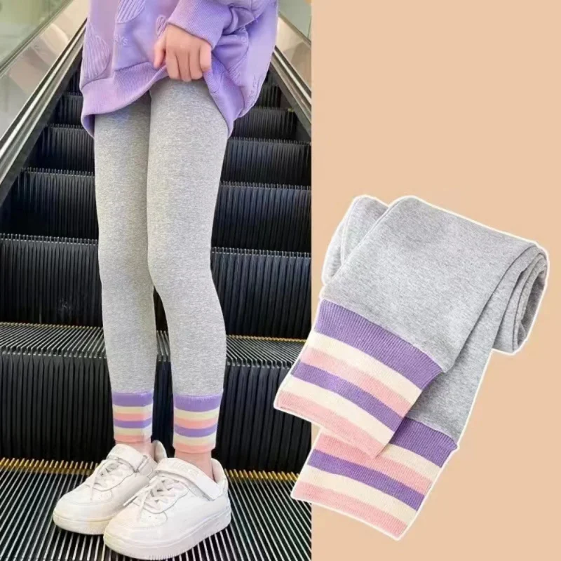 New Children Girl Leggings Soft Elastic Cotton Striped Decor Leggings Kids Basic Versatile Tight Underpants Casual Soft Trousers