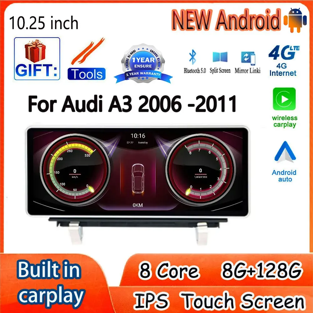 

Автомобильные аксессуары 10,25 дюймов Android 14 для Audi A3 2006 -2011 IPS экран Carplay монитор мультимедийный радиоплеер 4G WIFI