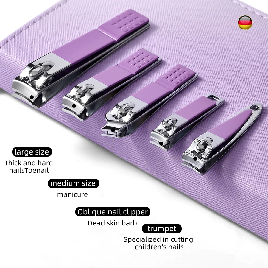 طقم مانيكير من الفولاذ المقاوم للصدأ 9/18/24/30 قطعة باللون الأرجواني المبهر والأزرق - مقص أظافر على الطراز الحديث مع شفرة محدبة، غير معطرة
