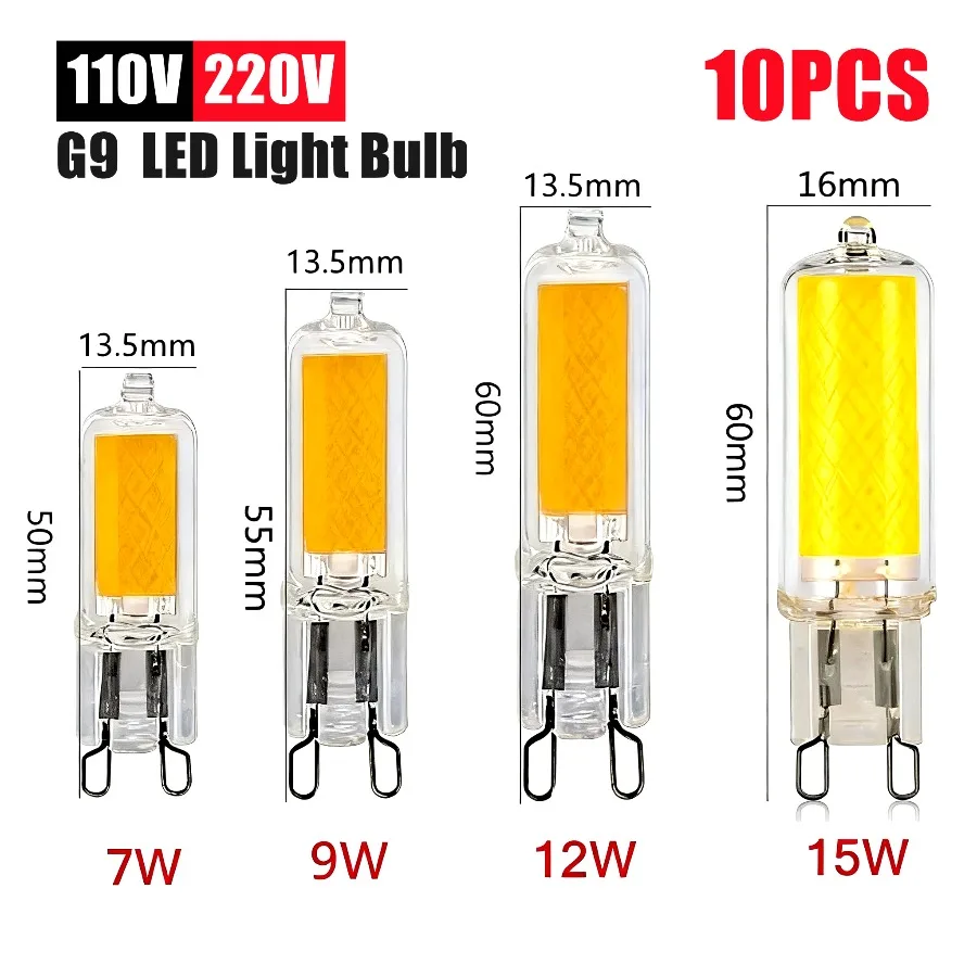 10 ~ 1 pièces Super lumineux G9 LED ampoule 9W 12W 15W AC110V 220V lampe en verre lumière à puissance constante éclairage LED G9 COB ampoules éclairage