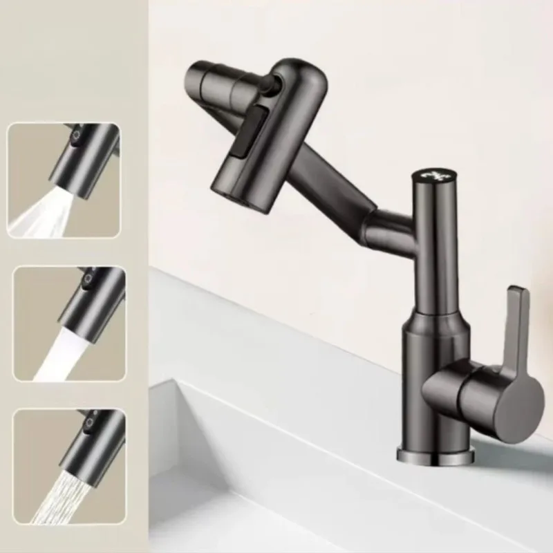 Digital Display Faucet for Wash Basin in Bathroom, Hot and Cold Water, Swivel Splash-proof Multifunctional Faucet Gun, Gray.