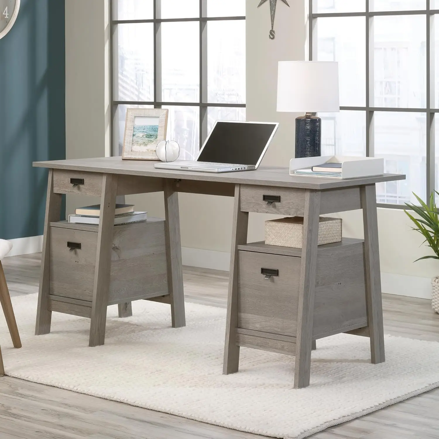 Computer desk with drawers, Executive desk with file cabinet storage and shelves Two file drawers can accommodate lettersized