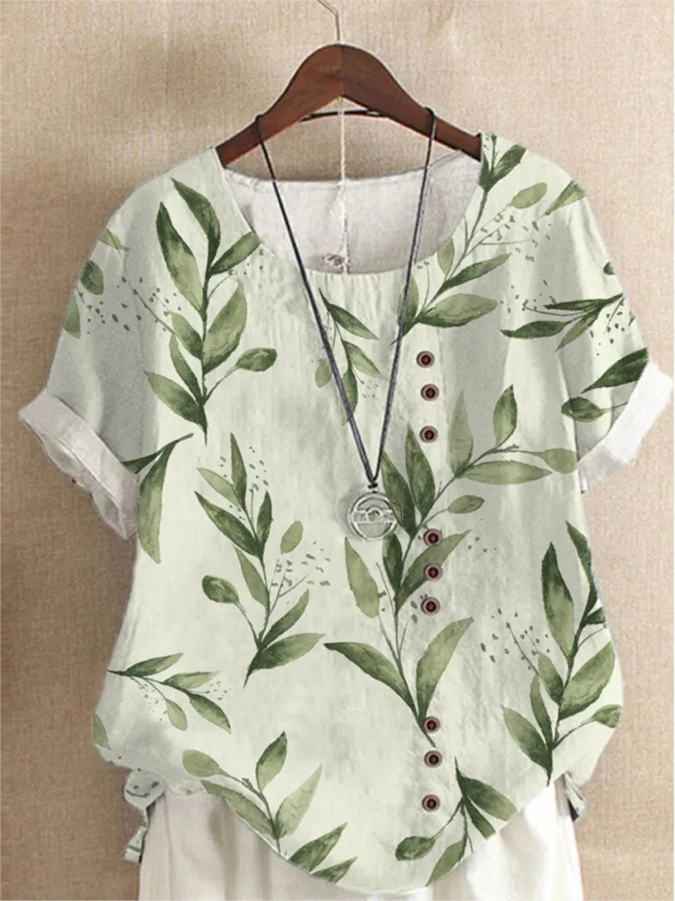 Summer O-Neck Short Sleeve Floral Print Loose Women\'s Blouse Retro Top 2024 Fashion Women Buttons Korean Style Casual Shirts